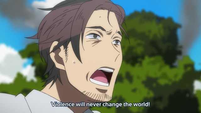 Gatchaman Crowds anime episode 12 - Kouichi Umeda decrying violence